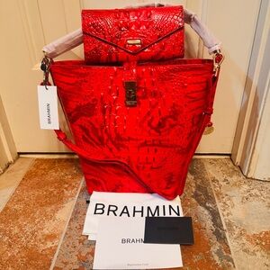 NWT!! Brahmin Shira Bucket Bag in Vibrant Red Flare, Croc Embossed Leather!